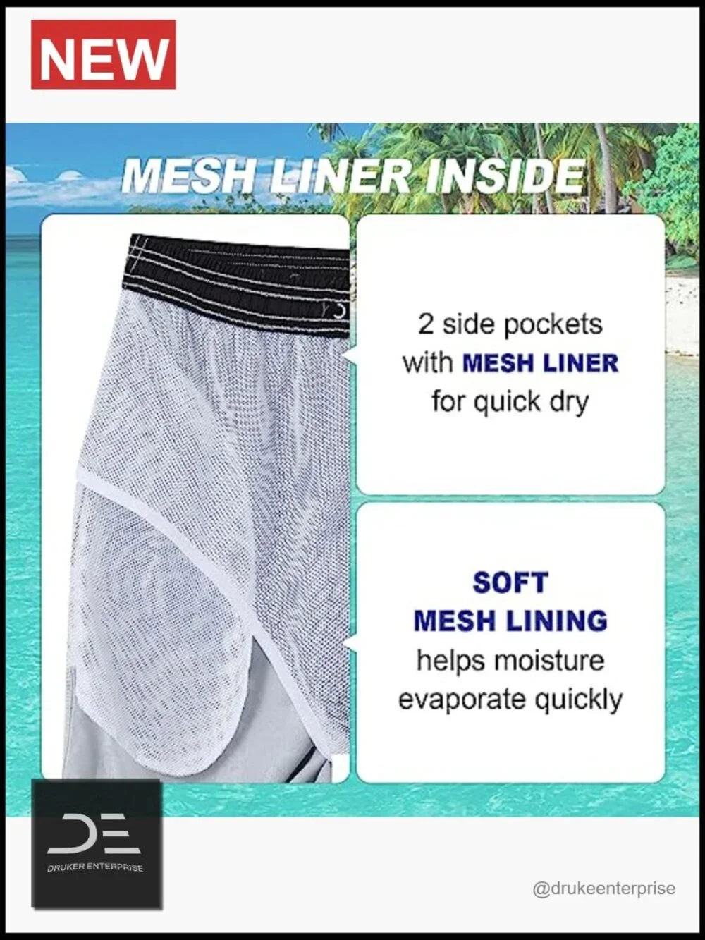 Mens Quick Dry Swim Trunks with Mesh Liner, UPF 50+ Board Shorts